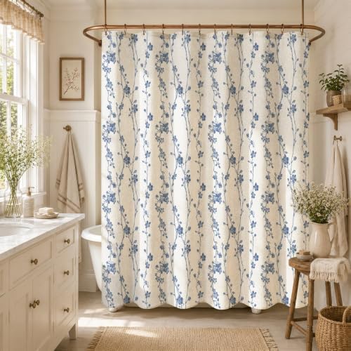 Navy Blue Farmhouse Linen Shower Curtain, Boho Floral Fabric, 72 x 84