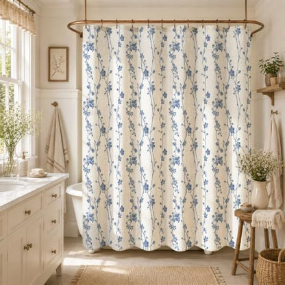 Navy Blue Farmhouse Linen Shower Curtain, Boho Floral Fabric, 72 x 84