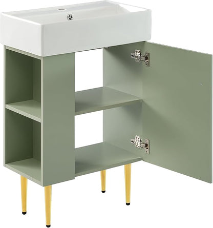 21.6 in Small Bathroom Vanity with Sink,Doors and Storage Shelves,Wood Modern Single Fluted Bathroom Sink Cabinet Freestanding (Green,Left Shelf)