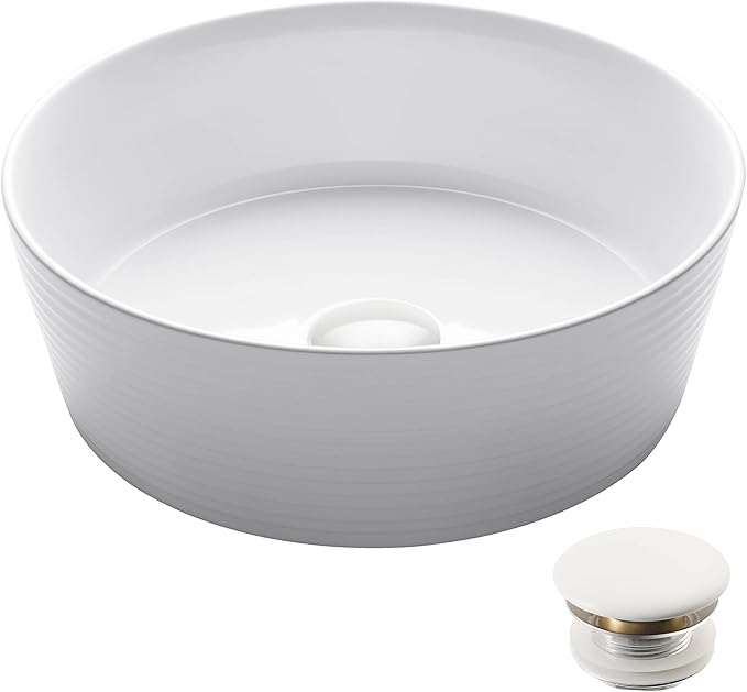 KRAUS Viva™ Round White Porcelain Ceramic Vessel Bathroom Sink with Pop-Up Drain, 15 3/4 in. D x 5 3/8 in. H, KCV-205GWH