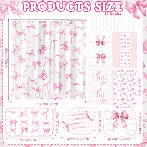 FuWeave 8 Pcs Pink Shower Curtain Sets for Bathroom Decor Cute Coquette Bathroom Accessories Bow Knot Aesthetic Girly Shower Curtain Sets with Towels Carpet Bath Mat Toilet Rugs and 12 Hooks