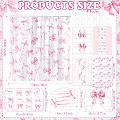 FuWeave 8 Pcs Pink Shower Curtain Sets for Bathroom Decor Cute Coquette Bathroom Accessories Bow Knot Aesthetic Girly Shower Curtain Sets with Towels Carpet Bath Mat Toilet Rugs and 12 Hooks