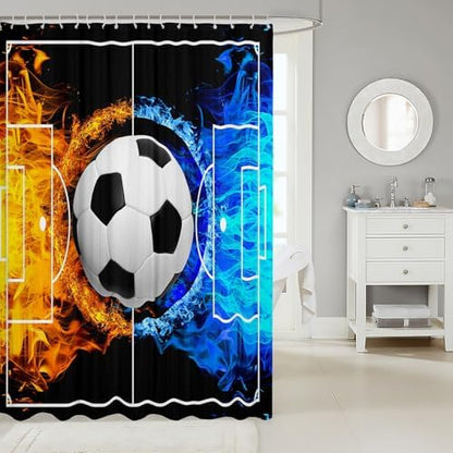 jejeloiu Soccer Ball Game Bath Curtain Boys Girls 72"x78" Football Shower Curtain for Kids Women Men Waterproof Ice Fire Bathroom Shower Curtain Set Orange Blue Kids Bathroom Accessories