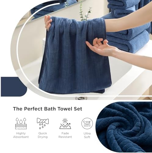 Hailea 18 Piece Family Bath Towel Set Include 6 Bath Towels,6 Hand Towels and 6 Washcloths Soft Bathroom Towel with Hanging Loops,Highly Absorbent Quick Dry Towels Set for Bathroom,Hotel and Spa-Navy