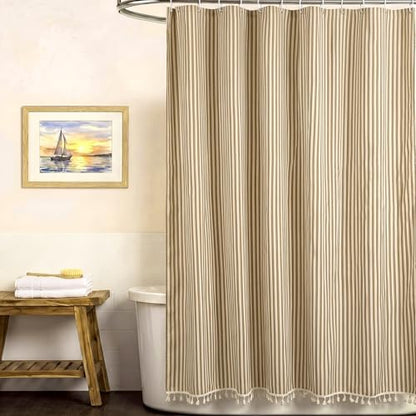 HunnmingRe Taupe Farmhouse Striped Shower Curtain Tasseled 72x72 Inch