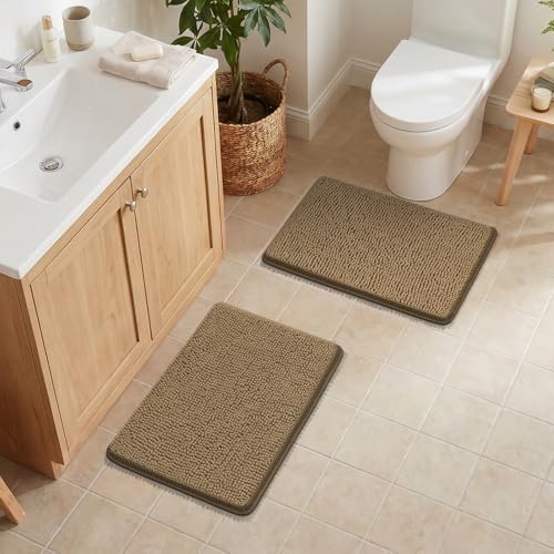 Bcoimo Bath Rug Mat Sets, 2 Piece Extra Soft Chenille Tan Bathroom Mat Set