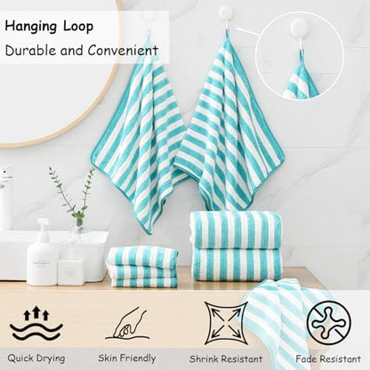 8 Pcs Turquoise Cabana Stripe Large Bath Towel Set-2 Bathroom Towels,2 Hand Towels,4 Washcloths Lightweight Soft Microfiber Bath Sheet Absorbent Shower Towel Quick Dry Beach Chair Spa Gym Hotel Towels