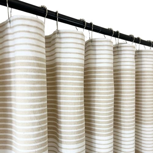 Serafina Home Tan Beige White Striped Cotton Bathroom Shower Curtain