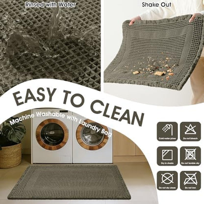 Upgraded Waffle Bath Mat, 36"x24" Greyish Green-Looped, Super Absorbent Non-Slip Quick Dry Bathroom Rugs with Tassels, Machine Washable Ultra Soft Boho Bath Rugs, Toilet Mats Boho Farmhouse Decor