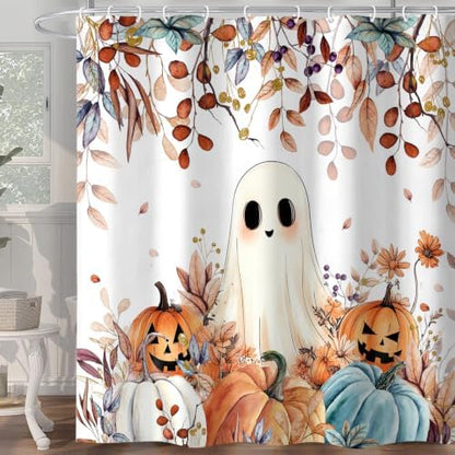 Fall Funny Ghost Shower Curtain, Halloween Pumpkins Harvest Autumn Leaves Decor Bath Curtain, Maple Leaves Spooky Bathroom Accessories Set with Hooks