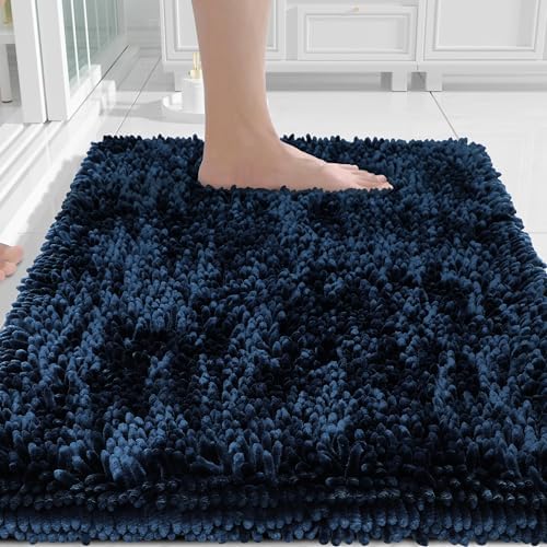 Yimobra Chenille Bathroom Rugs Non Slip, Extra Thick Soft Absorbent Bath Rug, Machine Washable Quick Dry Bath Mat for Bathroom Floor, Tub and Shower, Home Decor Accessories, 24x17, Blue