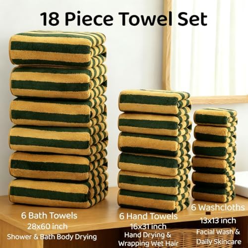 18 Pcs Yellow Green Cabana Stripe Bath Towel Set with Hanging Loop-6 Bath Towels,6 Hand Towels,6 Washcloths Family Towels Soft Microfiber Highly Absorbent Shower Towel for Bathroom Beach Spa Gym