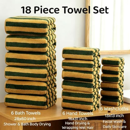 18 Pcs Yellow Green Cabana Stripe Bath Towel Set with Hanging Loop-6 Bath Towels,6 Hand Towels,6 Washcloths Family Towels Soft Microfiber Highly Absorbent Shower Towel for Bathroom Beach Spa Gym
