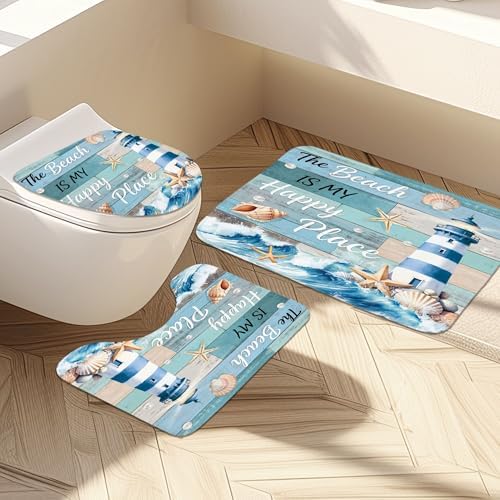 Nautical Ocean Fish Sea Wooden 4Pcs Bathroom Shower Curtain Set with Rugs