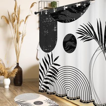 Boho Mid Century Leaf Shower Curtain Set,Arch Sun Design,Minimalistic Leaves Pattern,Waterproof and Luxurious Fabric-12 Hooks(Black-72" x 78")