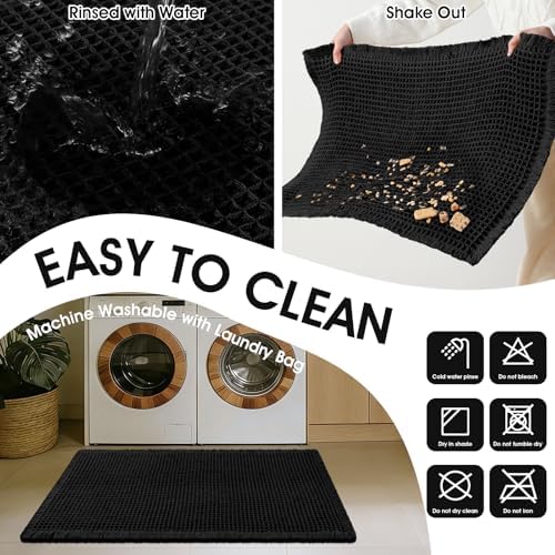 Upgraded Waffle Bath Mat, 36"x24" Black & White, Super Absorbent Non-Slip Quick Dry Bathroom Rugs with Tassels, Machine Washable Ultra Soft Boho Bath Rugs for Floor, Toilet Mats Boho Farmhouse Decor