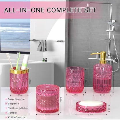Hot-Pink Glass Bathroom Accessories Set 5 Pcs, Hot-Pink Bathroom Set, Soap Dispenser and Toothbrush Holder Set, Qtip Holder Set, Vintage Bathroom Sink Set, Cute Bathroom Decor