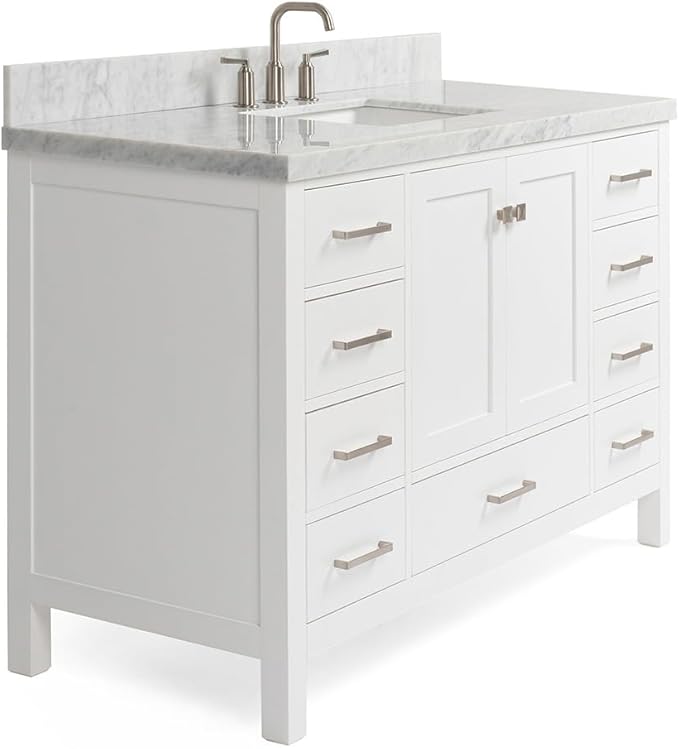 ARIEL Cambridge 54-inch Bathroom Vanity with Sink,Solid Wood, 1.5-inch Italian Carrara Marble Countertop, Single Rectangular Porcelain Sink, 2 Soft Closing Doors, 9 Dovetail Drawers, White