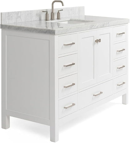 ARIEL Cambridge 54-inch Bathroom Vanity with Sink,Solid Wood, 1.5-inch Pure White Quartz Countertop & Backsplash, Single Rectangular Porcelain Sink, 2 Soft Closing Doors, 9 Dovetail Drawers, White