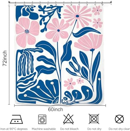 Pink Blue Matisse Flower Shower Curtain 60Wx72L Inch Abstract Retro Aesthetic Minimalist Vintage Art 70s Modern Bathroom Set Accessories Decor with 12 Pack Hooks