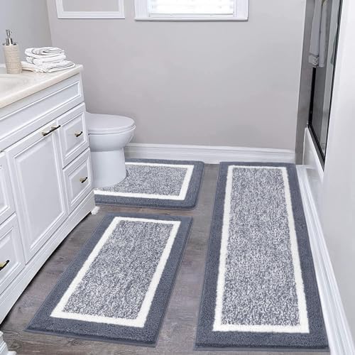 Pauwer Bathroom Rug Sets 3 Piece, Non Slip Washable Bath Mat, Dark Grey