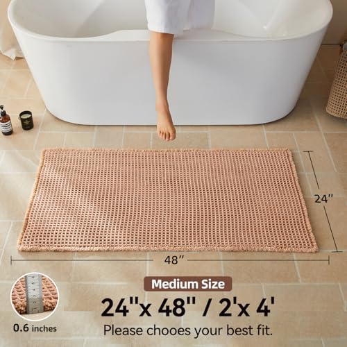 Triohero Waffle Bath Mat, Boho Bathroom Rugs Non Slip, 24x48 Light Peachy