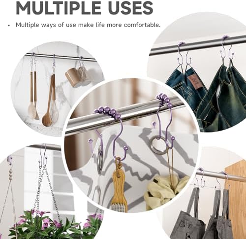 Bathway Shower Curtain Hooks, Shower Curtain Rings Rust Proof Double Hook Shower Curtain Hooks, 12 Pcs Purple Shower Hooks for Shower Curtain, Shower Rings for Curtain, Metal Shower Rod Hooks