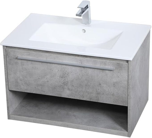 Elegant Decor Kasper 30" Single Porcelain Top Floating Bathroom Vanity in Gray