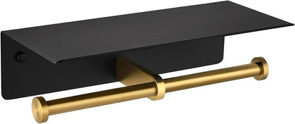 Double Toilet Paper Holder with Shelf, Black & Gold, Wall Mounted | 304 Stainless Steel, Rustproof for Bathroom, Restroom, Powder Room, Kitchen, 2-in-1 Functional 2 Paper Rolls & Phone Storage