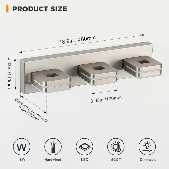 3 Light Bathroom Vanity Light, Brushed Nickel Vanity Light Fixture Over Mirror, Dimmable 5CCT LED, Modern Wall Sconce for Bathroom, Farmhouse Vanity Lights for Mirror, Indoor Use
