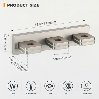 3 Light Bathroom Vanity Light, Brushed Nickel Vanity Light Fixture Over Mirror, Dimmable 5CCT LED, Modern Wall Sconce for Bathroom, Farmhouse Vanity Lights for Mirror, Indoor Use