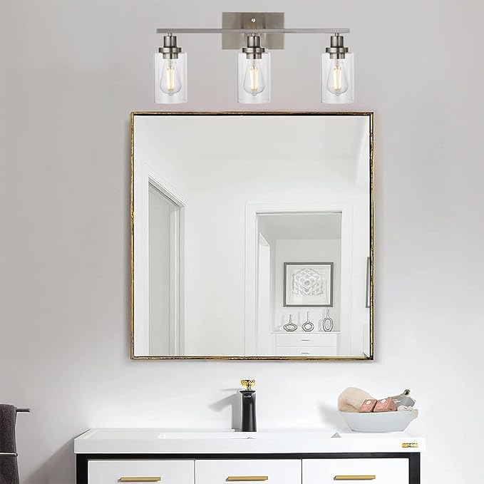MELUCEE 3 Lights Wall Sconce Brushed Nickel Finished 20.5 Inch | Modern Bathroom Vanity Light Fixtures with Clear Glass Shade Suit for Porch Bedroom Foyer Kitchen (Patent No.: US D963914 S)