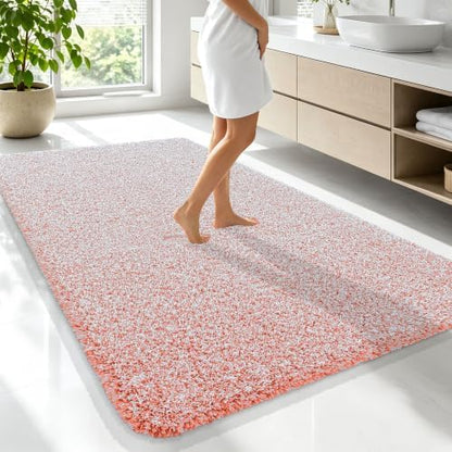 OLANLY Microfiber Bathroom Rugs 70x46, Quick Dry Bath Mat, Coral and White