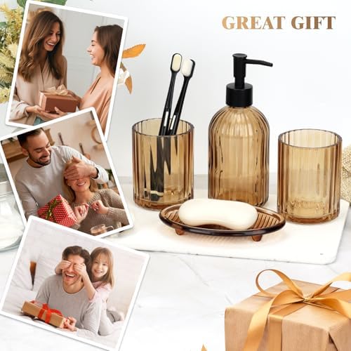 Glass Bathroom Accessories Set, 4Pcs Bathroom Accessories Sets Complete Lotion Soap Dispenser, Toothbrush Holder, Mouthwash Cup, Soap Dish for Bath Decor, Countertop Vanity Organizer (Amber)