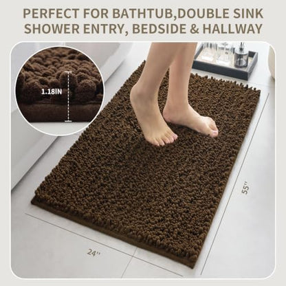 Bathroom Rugs Non Slip Washable 55x24, Extra Thick Soft Chenille Absorbent Bath Mat, High Density Barrier Non Slip Backing, Quick Dry Plush Shaggy Floor Carpet for Tub&Shower, Brown
