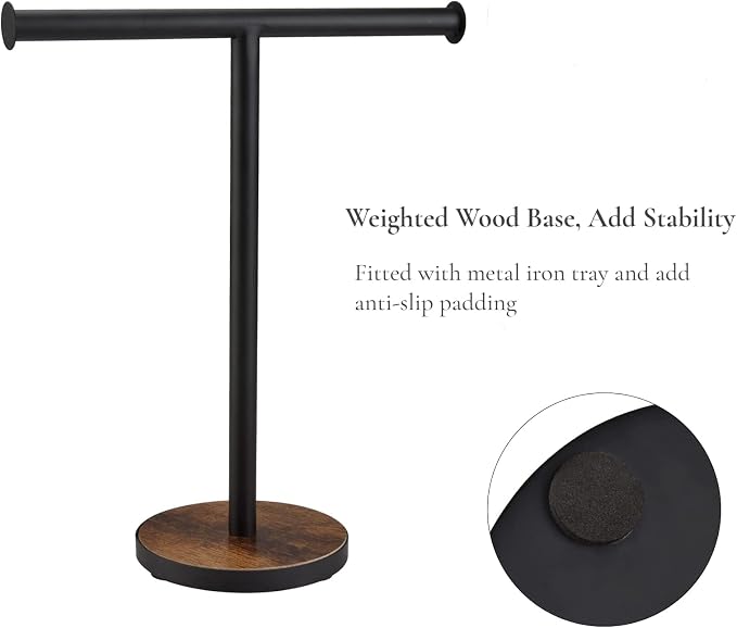 Hand Towel Holder Stand, Countertop Towel Stand for Bathroom | T-Shaped Kitchen Towel Rack with Weighted Wood Base, Western Bathroom Decor, Rustic Black and Brown