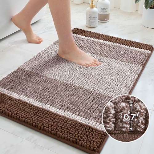 HOMEIDEAS Brown Bathroom Rugs Set of 2, Striped Chenille, 20"x32"+17"x24"
