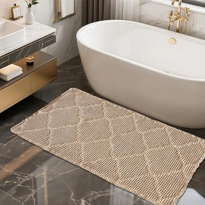 ZALL Tan Waffle Bath Mat,Super Absorbent Non Slip Bathroom Rug,Brown 24x48inch, Geometric Diamond Machine Washable Ultra Soft Floor Mats