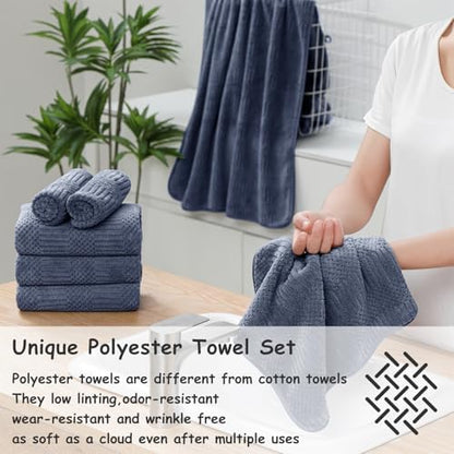 18 Pcs Purple Blue Family Towels Set-6 Bath Sheets,6 Hand Towels,6 Washcloths Soft Polyester Towels Absorbent Shower Towel Quick Dry Beach Chair Towel Lint Less Towels Set for Bathroom Spa Gym Hotel