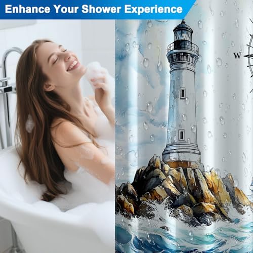 Coastal Lighthouse Shower Curtain with Hooks, Ocean Theme Waterproof Shower Curtains for Bathroom, Metal Grommets & Weighted Hem, Machine Washable Nautical Shower Curtain for Home, 72"W x 72"L