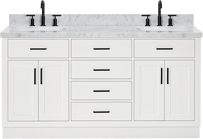 ARIEL Hepburn 66-inch Bathroom Vanity with Sink,Solid Wood, 1.5-inch Italian Carrara Marble Countertop, Double Rectangular Porcelain Sink, 4 Soft Closing Doors, 6 Dovetail Drawers, White