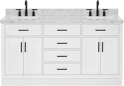 ARIEL Hepburn 66-inch Bathroom Vanity with Sink,Solid Wood, 1.5-inch Italian Carrara Marble Countertop, Double Rectangular Porcelain Sink, 4 Soft Closing Doors, 6 Dovetail Drawers, White