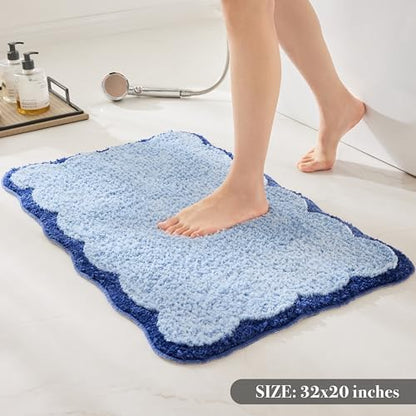 Ohocut Luxury Microfiber Bathroom Rugs, Navy Scalloped Piping Blue Bath Rug Cute Aesthetic Coastal Nautical Bath Mat for Bathroom, Tub, Floor, Sink, Shower, Anti Slip, Absorbent, 32x20