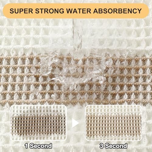 Upgrade Waffle Bath Mat, Boho Bathroom Rugs Absorbent Non Slip, Ultra Soft Bathroom Mat, Machine Washable Knit Bath Rugs with Stripe for Bathroom, Bedroom, Kitchen, Shower,Tub, 32"x20", Beige & White