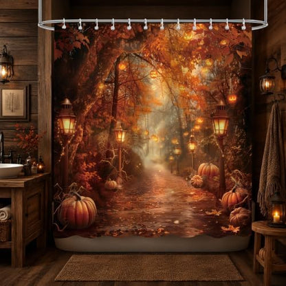 Fall Pumpkins Shower Curtain，Halloween Autumn Thanksgiving Harvest Forest Rural Trail Bathroom Decor，72 x 78 Inch Polyester Fabric Waterproof Bathroom Curtain with Hooks
