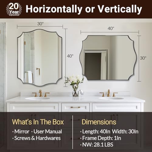 ANDY STAR 30x40 Inch Matte Black Mirror, Large Asymmetrical Wall Mirror in Premium Stainless Steel Metal Thin Frame Deep 1’’, Modern Rectangle Mirror with Unique Wavy Design Ideal for Home Decor
