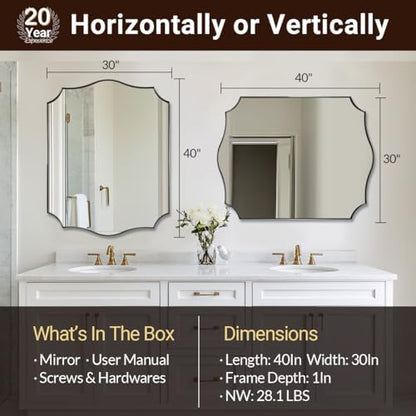 ANDY STAR 30x40 Inch Matte Black Mirror, Large Asymmetrical Wall Mirror in Premium Stainless Steel Metal Thin Frame Deep 1’’, Modern Rectangle Mirror with Unique Wavy Design Ideal for Home Decor