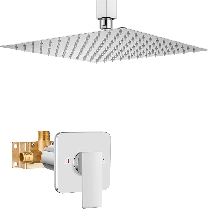 Heyalan 12-Inch Ceiling Mount Shower Faucet Set with Valve,Polish Chrome | Rainfall shower head, ceiling-mount design, SUS304 steel, adjustable angle, single-handle control