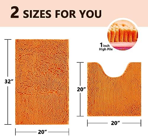 BOANKODU Bathroom Rugs Sets 2 Piece, Absorbent Bath Mat for Bathroom Soft Chenille Non-Slip, 32x20 + 20x20 Inch U Shape Bathroom Mat, Machine Washable Bath Rugs (Orange)