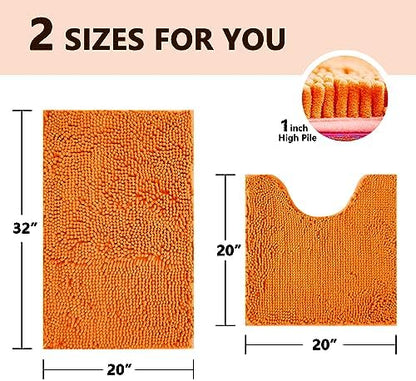 BOANKODU Bathroom Rugs Sets 2 Piece, Absorbent Bath Mat for Bathroom Soft Chenille Non-Slip, 32x20 + 20x20 Inch U Shape Bathroom Mat, Machine Washable Bath Rugs (Orange)